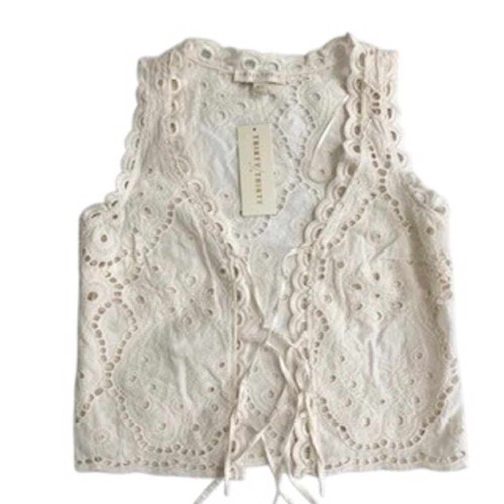Thirty Thirty LA White Eyelet Lace Tie Front Vest Boho Cotton 8HMTU986 XS NEW